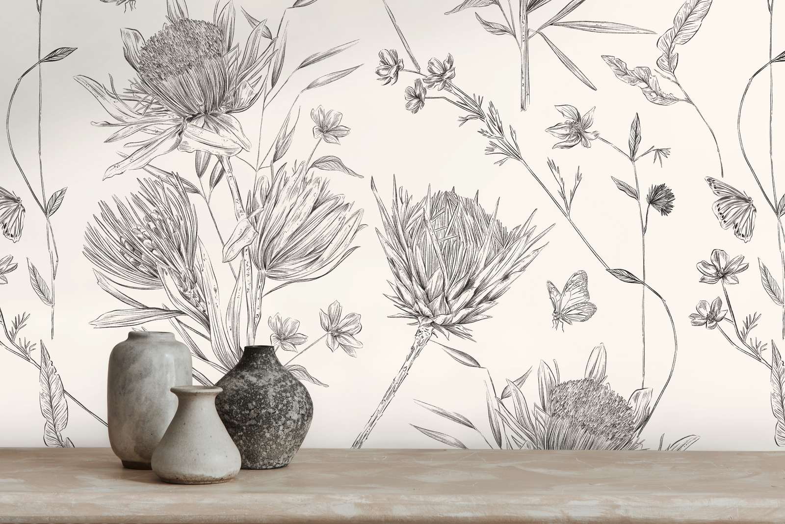             Floral wallpaper with leaves & butterflies textured matt - white, black
        