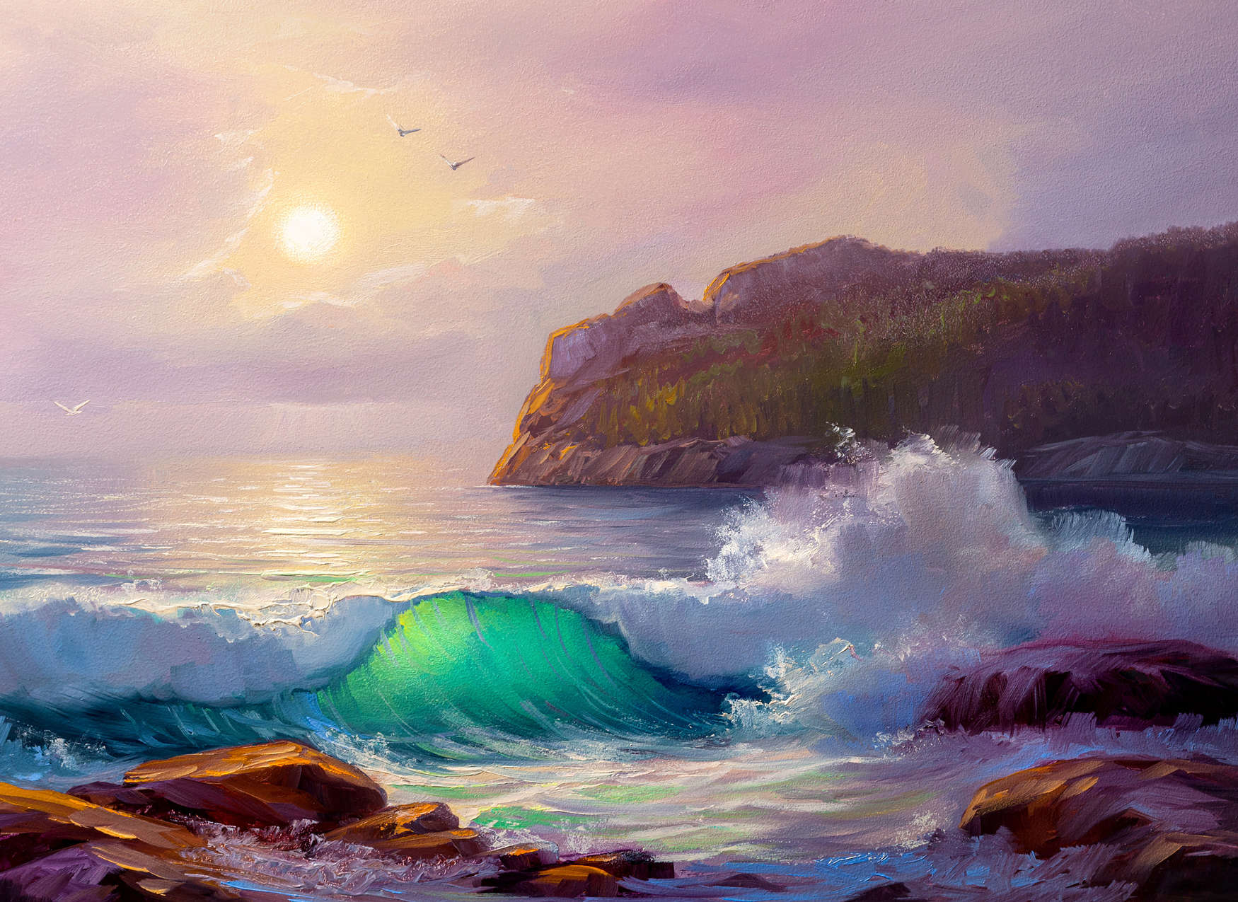             Papier peint panoramique Peinture d'une côte au lever du soleil - bleu, violet, marron
        
