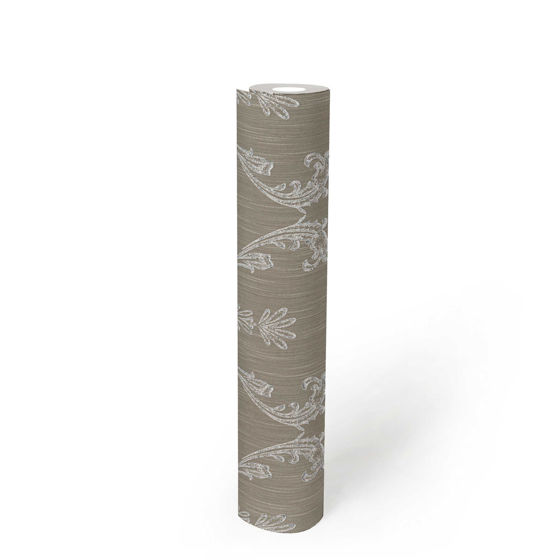            Papier peint ornemental avec éléments floraux argentés - argent, marron
        