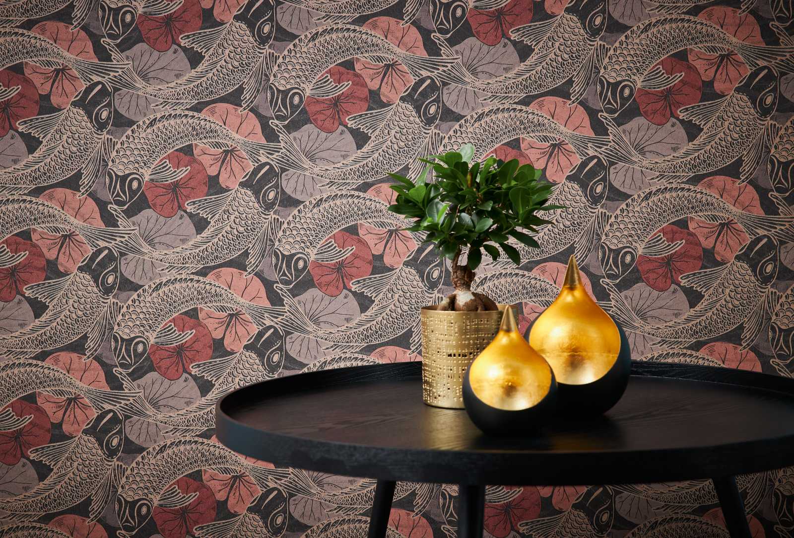             Pattern wallpaper koi motif with metallic accents - brown, red, black
        
