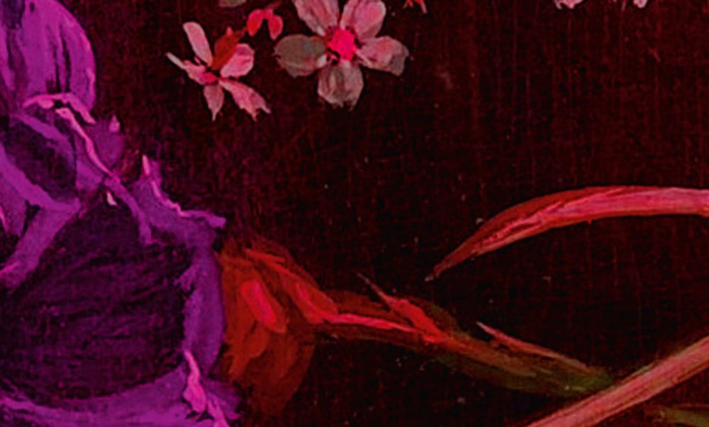             Neon mural with flowers still life - purple, pink
        
