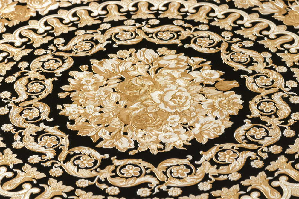             Lujoso papel pintado VERSACE Home Crowns & Roses - Negro, Oro, Crema
        