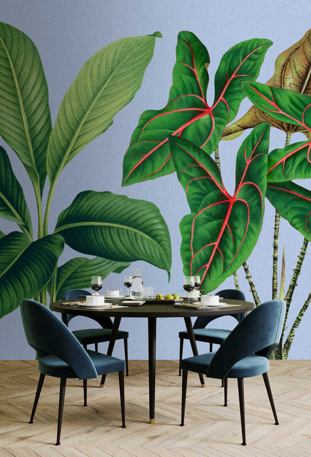             Leaf Garden 1 - leaves mural blue with tropical plants
        