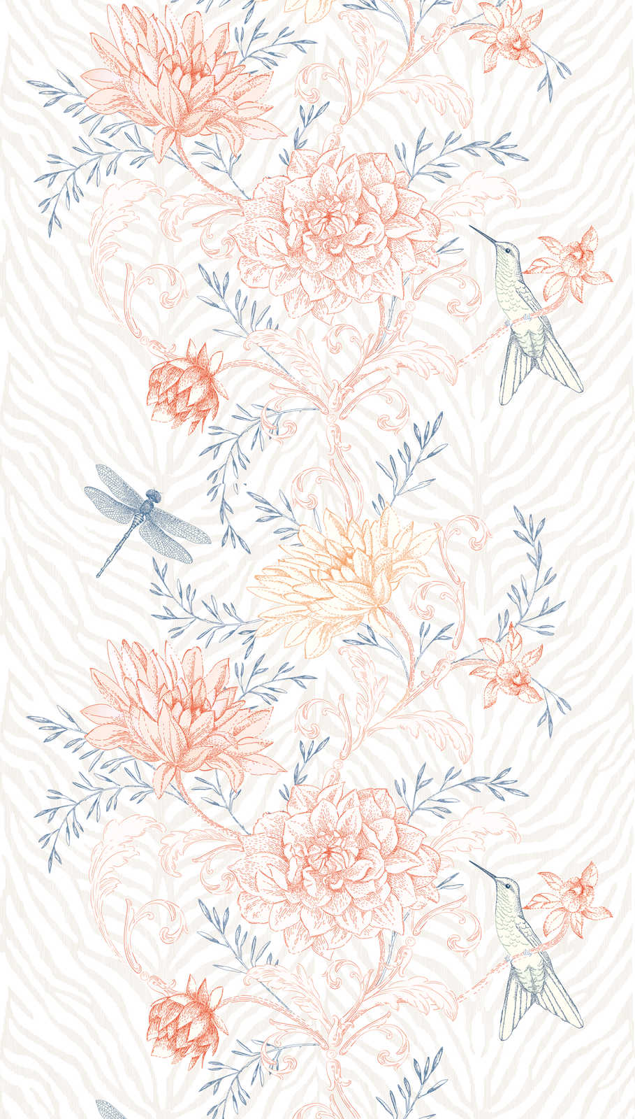             Bright flower tendrils wallpaper with birds and dragonflies - colourful, orange, blue
        