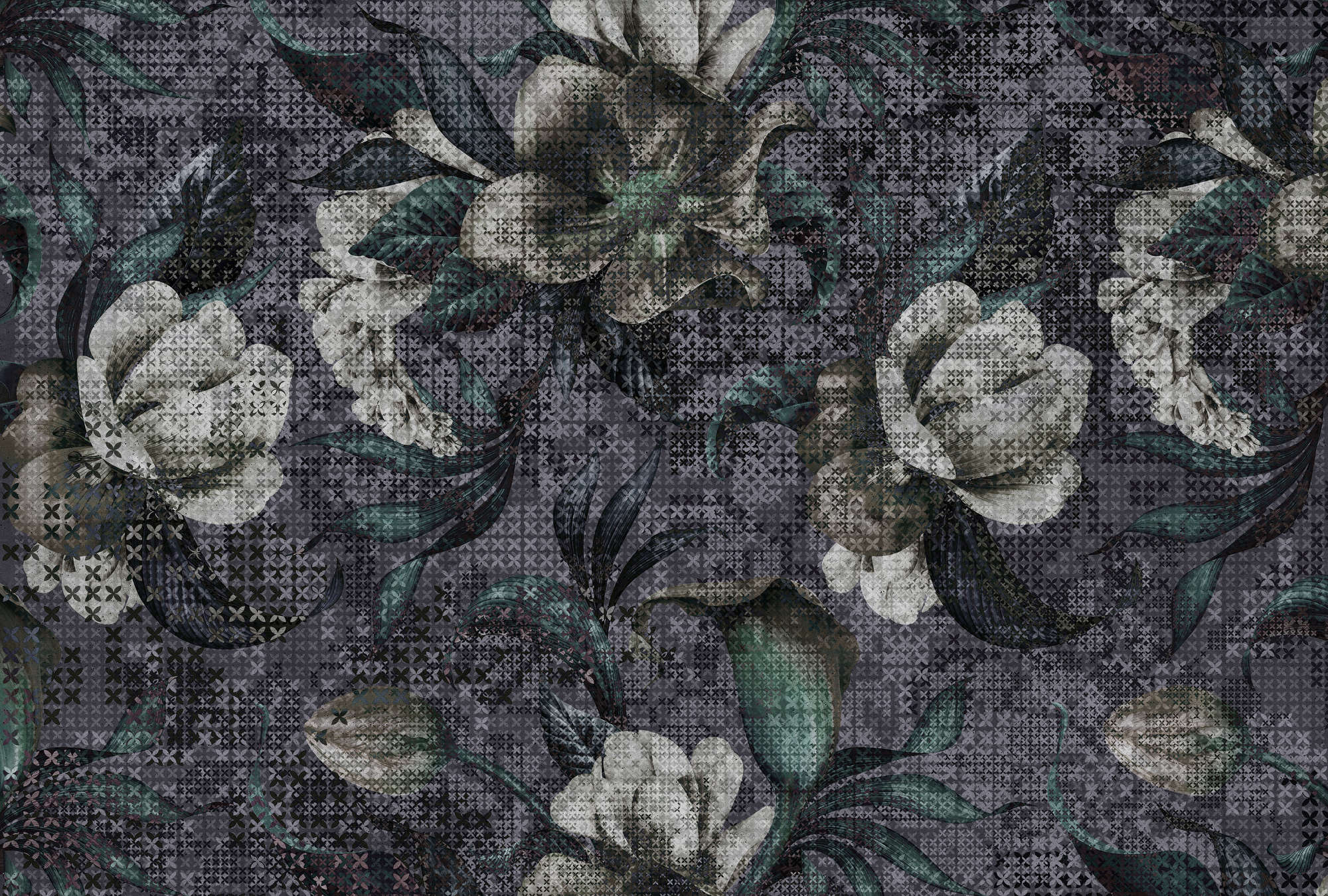             Bloemen Behang Pixel Ontwerp - Zwart, Wit
        