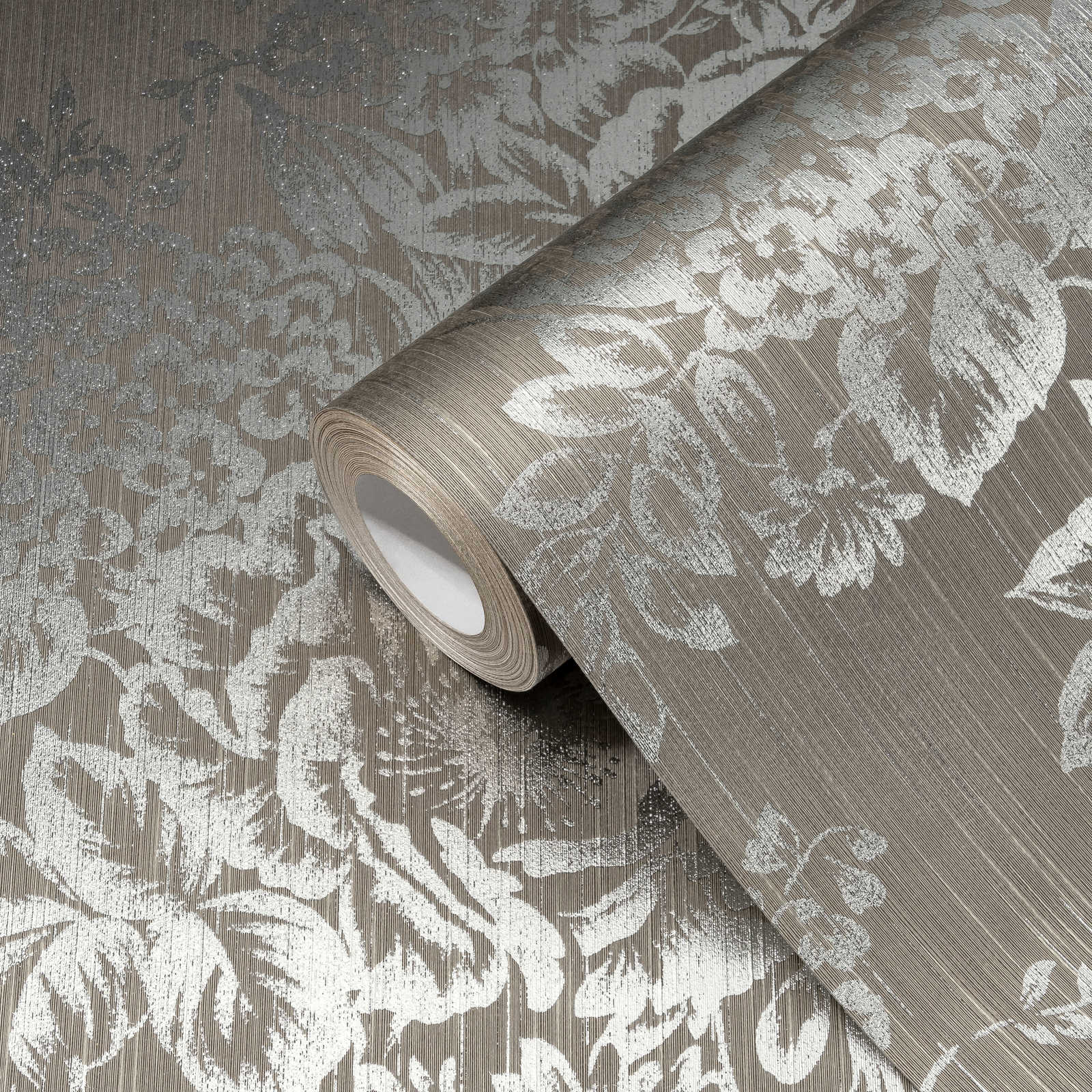             Textuurbehang met zilveren bloemenpatroon - zilver, bruin
        