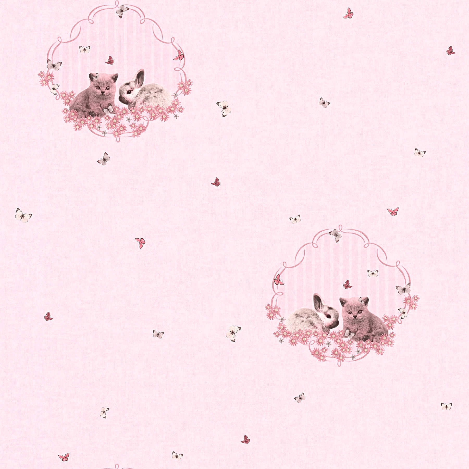 Papier peint fille chats, lapin & papillons - rose
