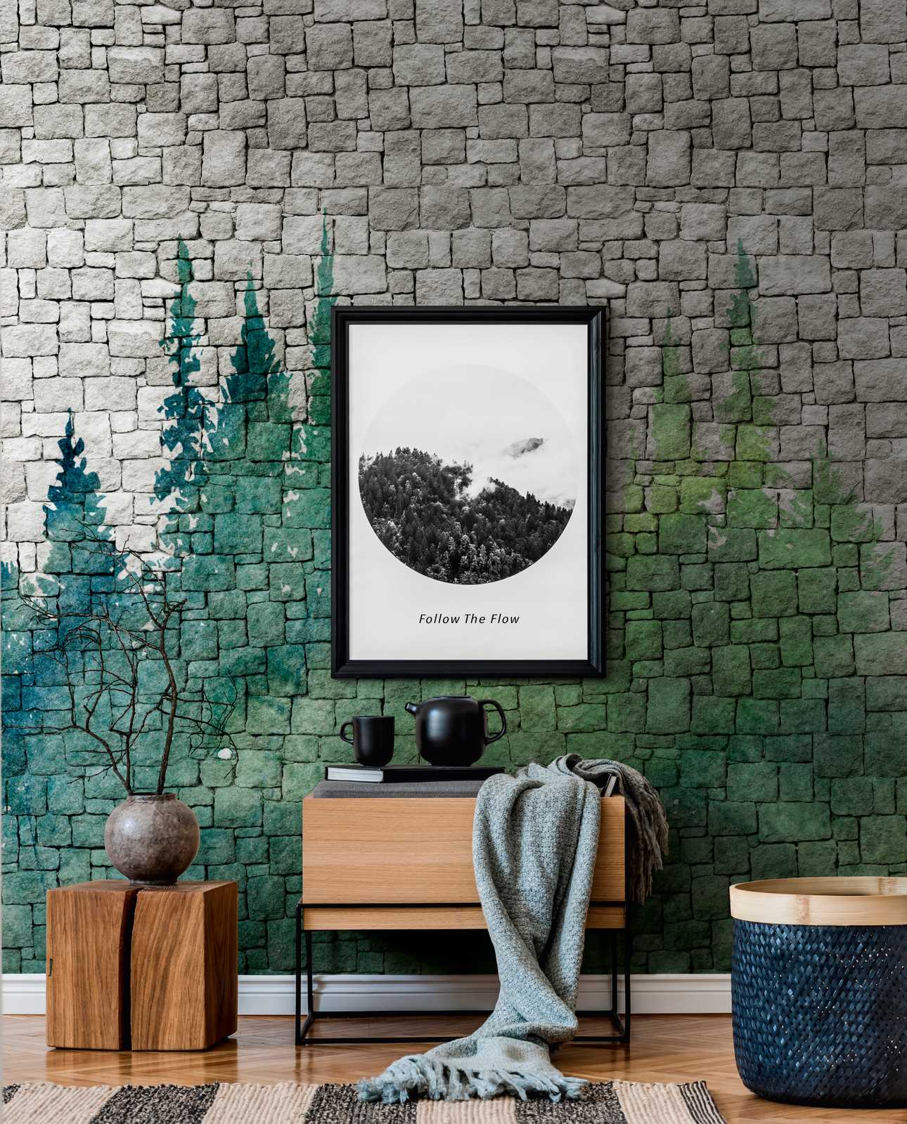             behang nieuwigheid | motief behang stenen muur patroon & aquarel bos
        