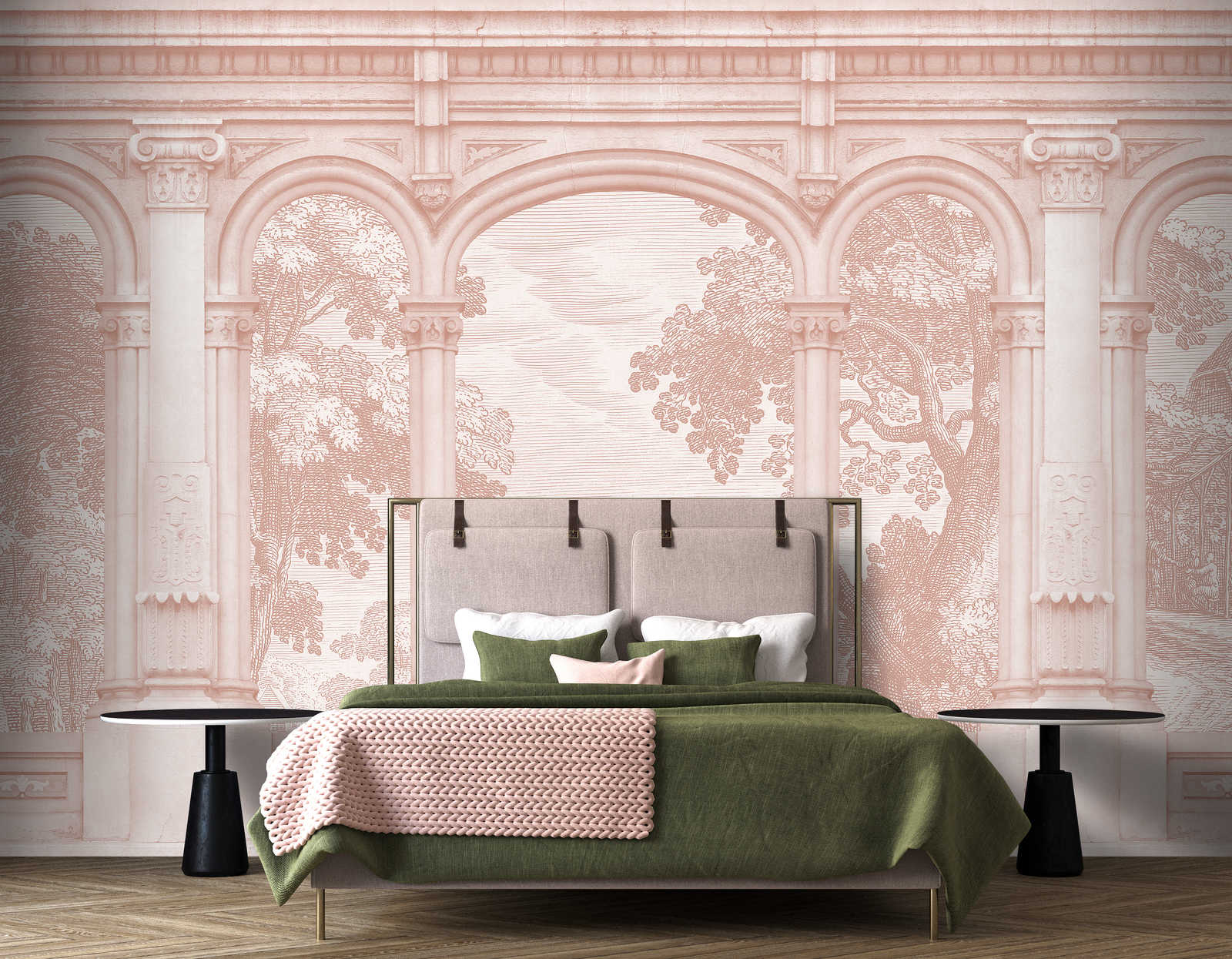             Roma 3 - Papel pintado rosa Diseño histórico con ventana de arco redondo
        