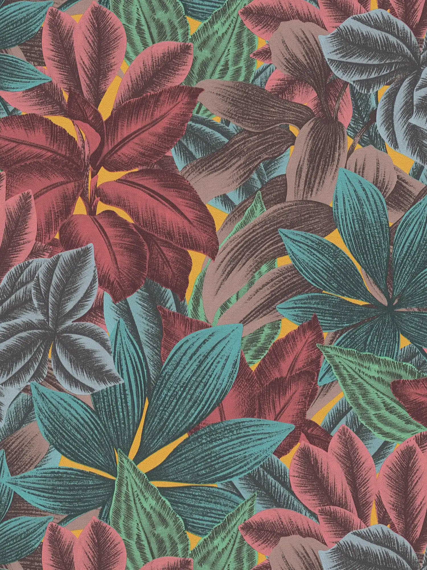 Papel pintado no tejido con motivo de hojas en colores vivos - multicolor, azul, rosa
