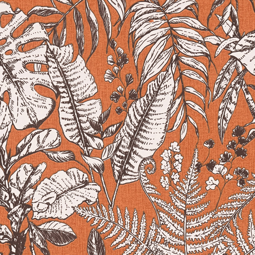             Pattern wallpaper jungle leaves, monstera & ferns - orange, white, brown
        