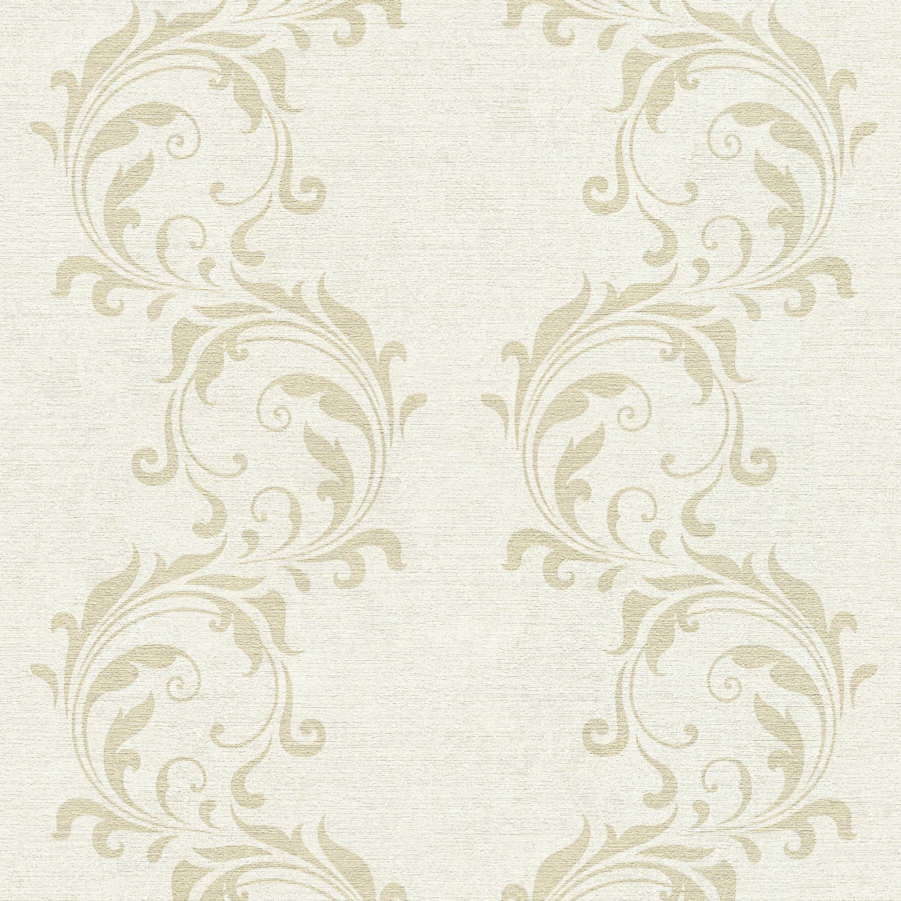 Pattern wallpaper tendril ornaments & plaster texture - cream, metallic
