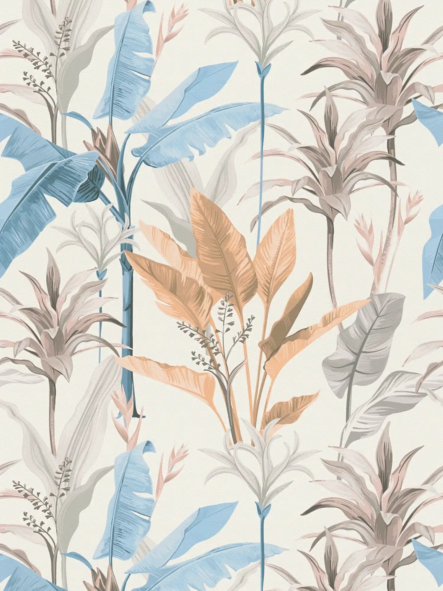 Papier peint intissé floral détaillé avec motif de feuilles - bleu, gris, crème
