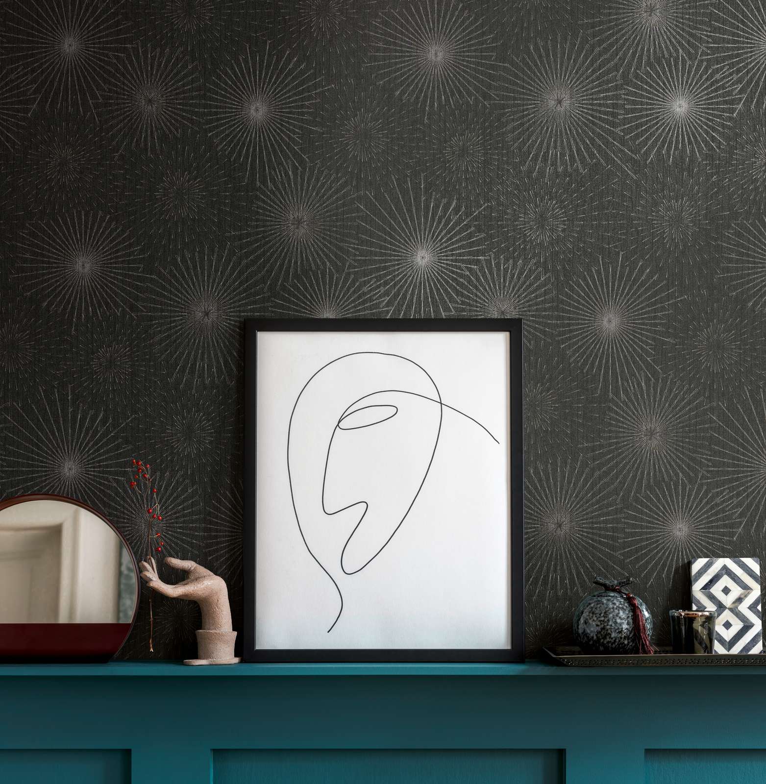             Retro wallpaper 50s starburst motif - black, metallic
        