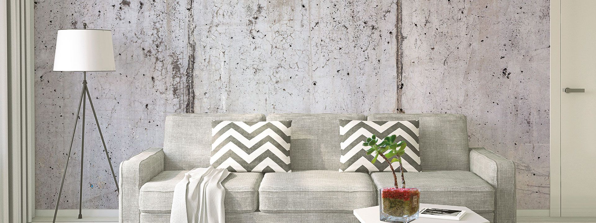 Modern living room in grey with concrete optic photo wallpaper DD118786