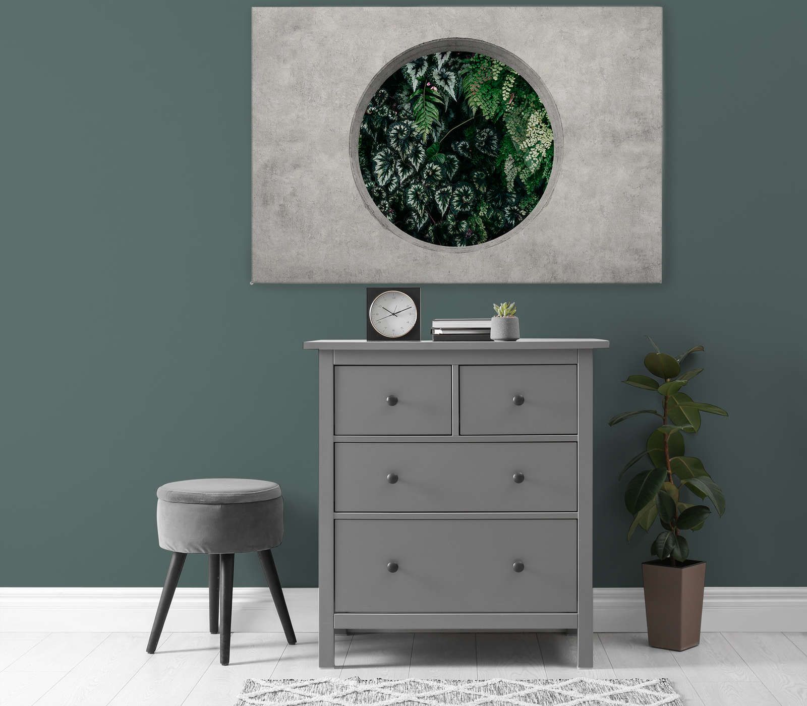            Deep Green 1 - Canvas schilderij Raam Rond met Jungle Planten - 1,20 m x 0,80 m
        