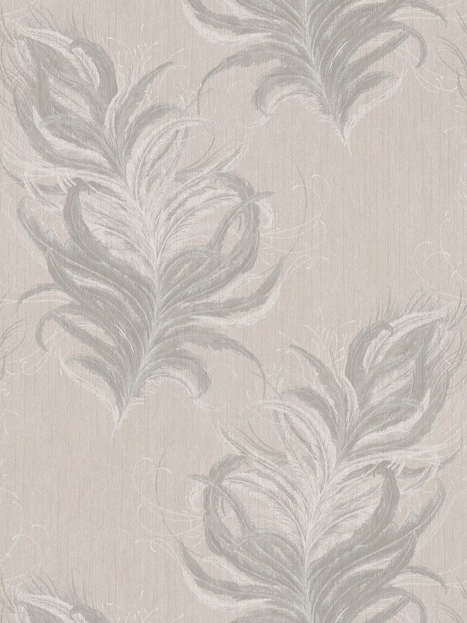 Papel pintado no tejido con diseño de plumas y efecto brillo estructurado - gris, blanco
