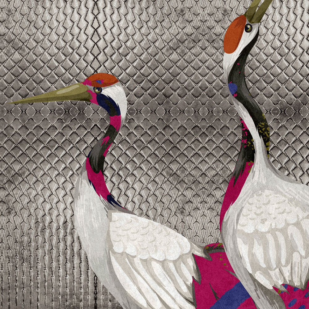             Land van Geluk 3 - Metallic zilver behang met kleurrijk kraanvogelmotief
        
