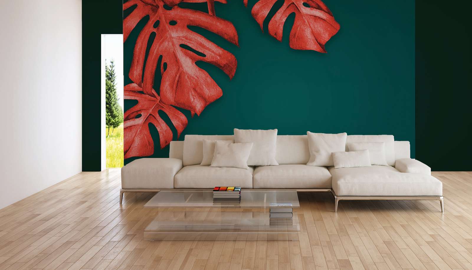             Papier peint panoramique avec palmier dessiné - rouge, turquoise
        