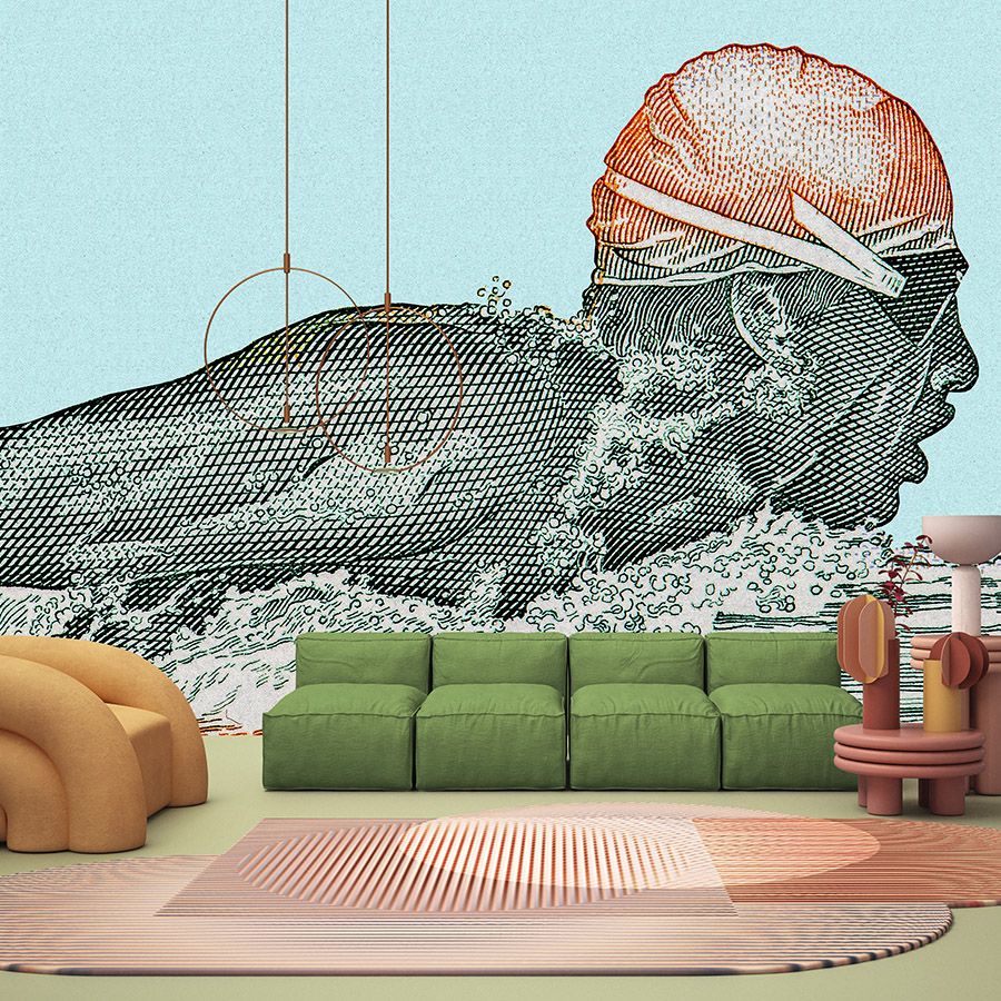 Digital behang »aquaman« - zwemmer in pixelontwerp - petrol met kraftpapiertextuur | Glad, licht glanzend premium vliesdoek
