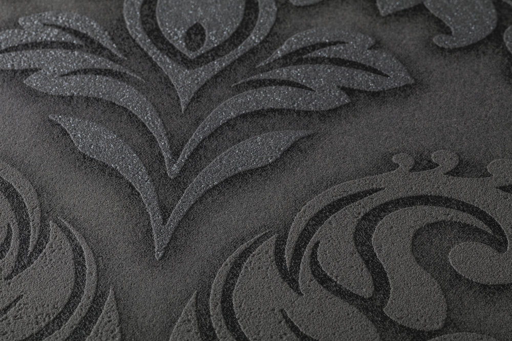             Papier peint baroque Ornements avec effet scintillant - noir, argent, gris
        