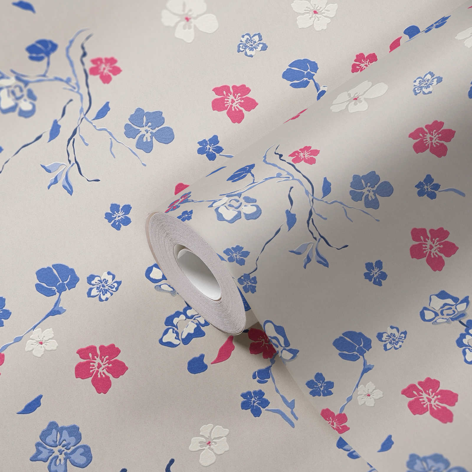             Papier peint intissé avec motif floral fantaisie - gris clair, bleu, rose
        