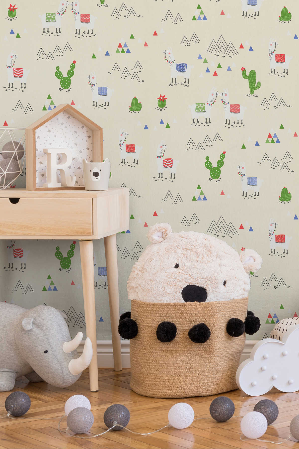             Papel pintado de Llama para habitación infantil en estilo cómic - beige, crema
        