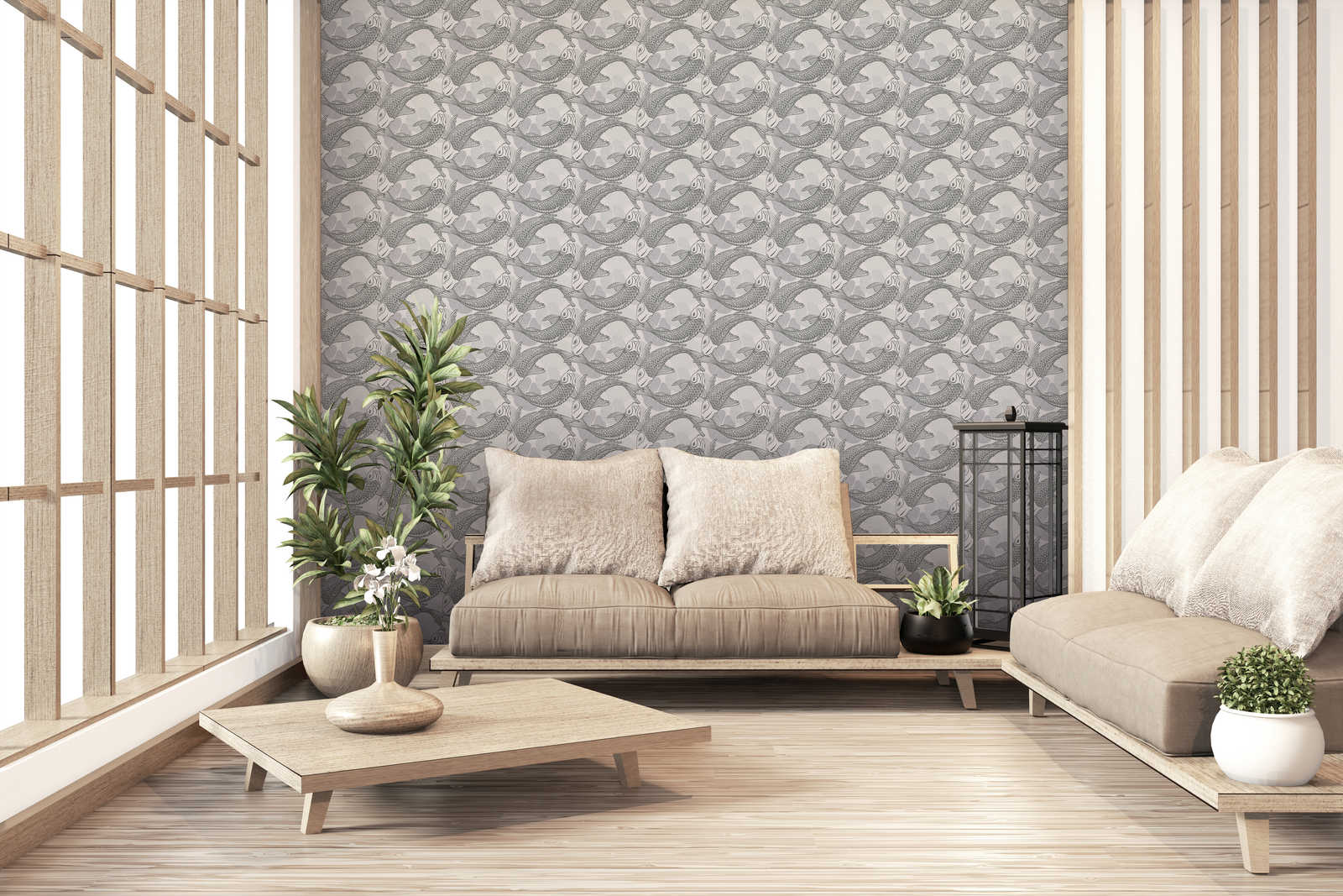             behang koi design in aziatische stijl met metallic effect - beige, grijs, metallic
        