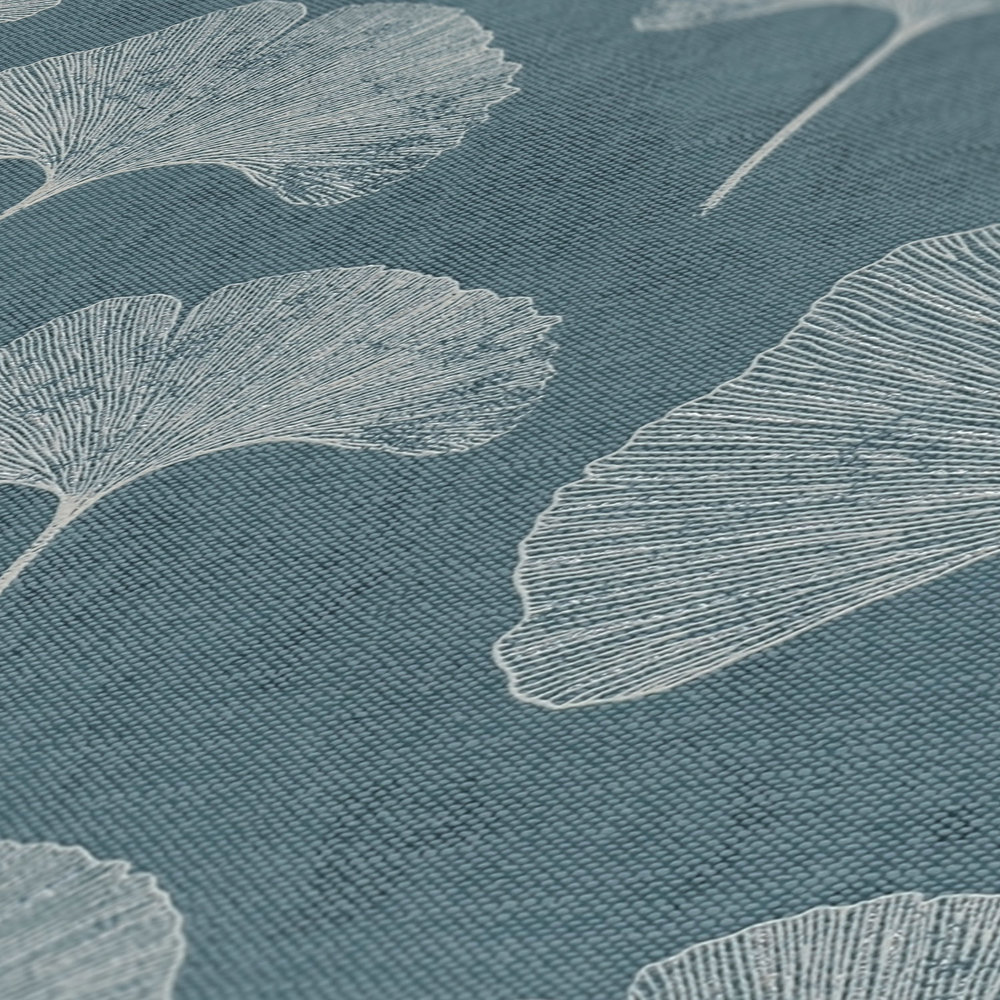             papier peint en papier floral avec feuilles structuré mat - bleu, blanc, argenté
        