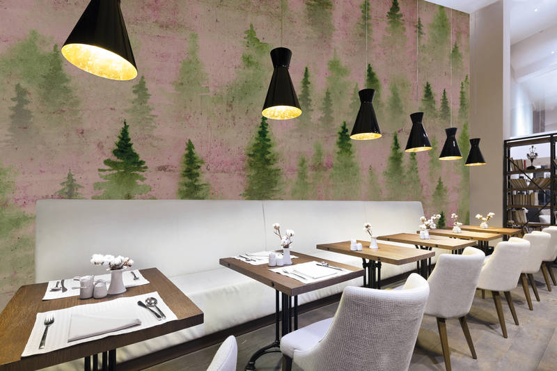             Papier peint panoramique Béton avec forêt Modive & Used-Look - Vert, Violet, Rose
        