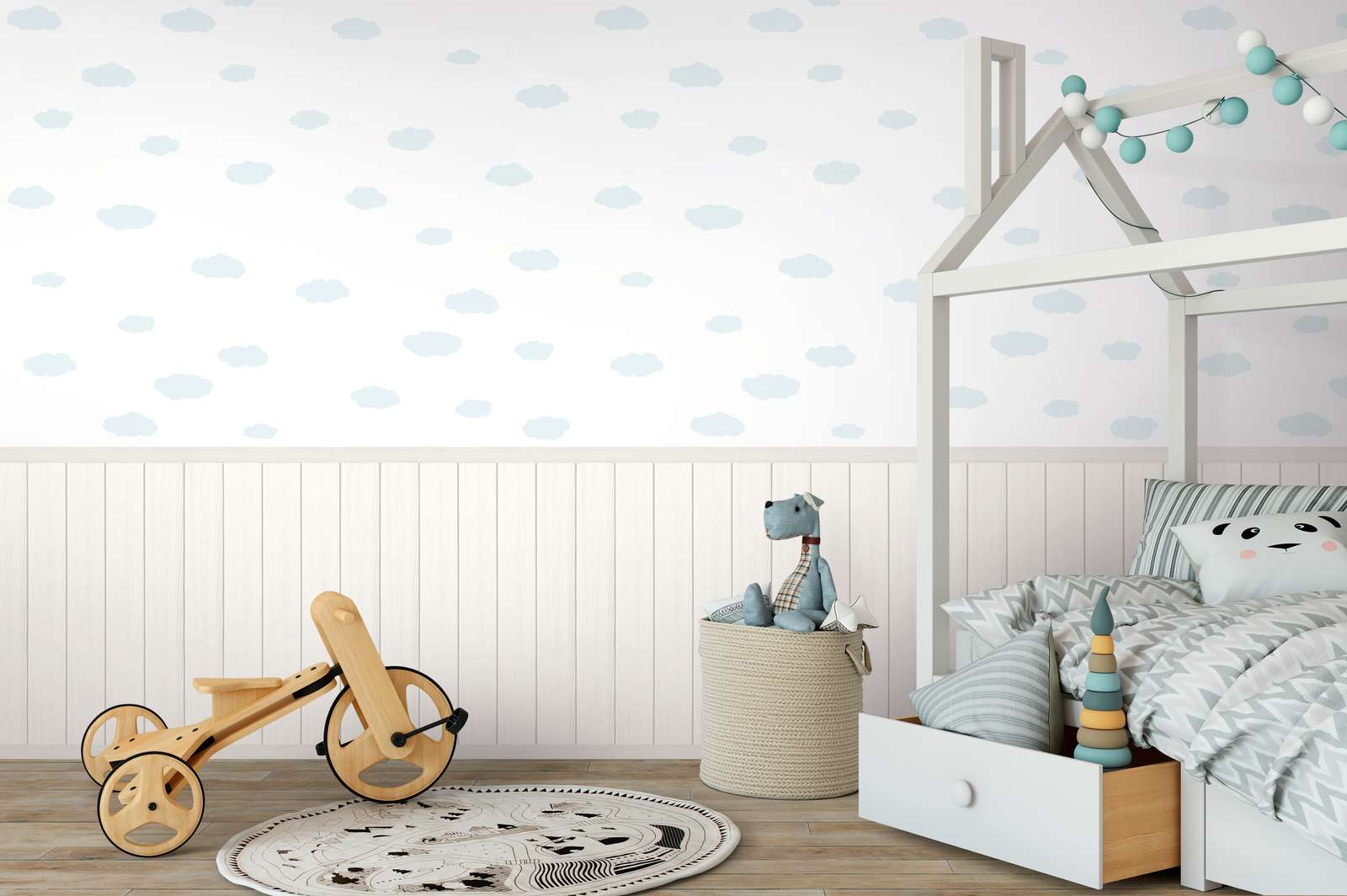             Non-woven motif wallpaper with wood-effect plinth border and cloud pattern - white, blue, grey
        