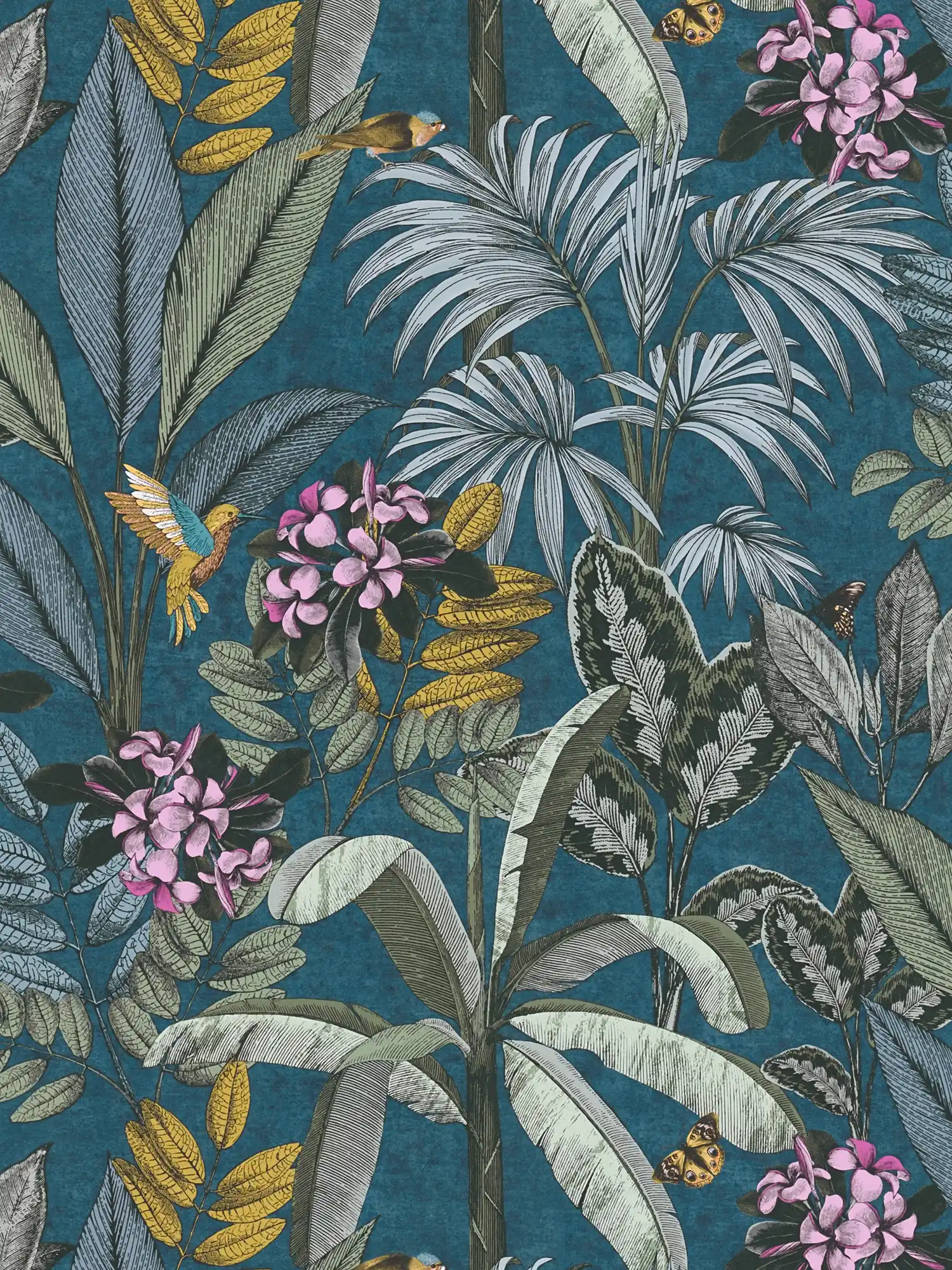 Blue wallpaper with jungle pattern in drawing style
