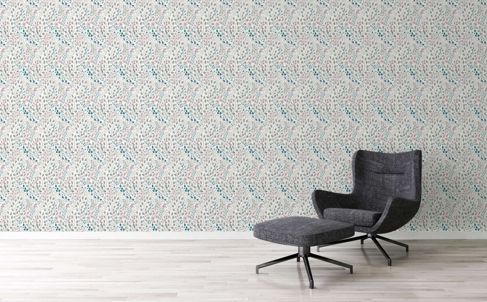             Non-woven wallpaper with floral pattern in drawing style - white, pink, blue
        