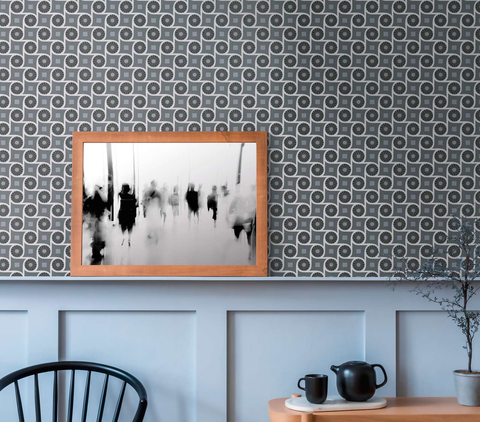             Retro style wallpaper with circle pattern and squares - grey, white, black
        
