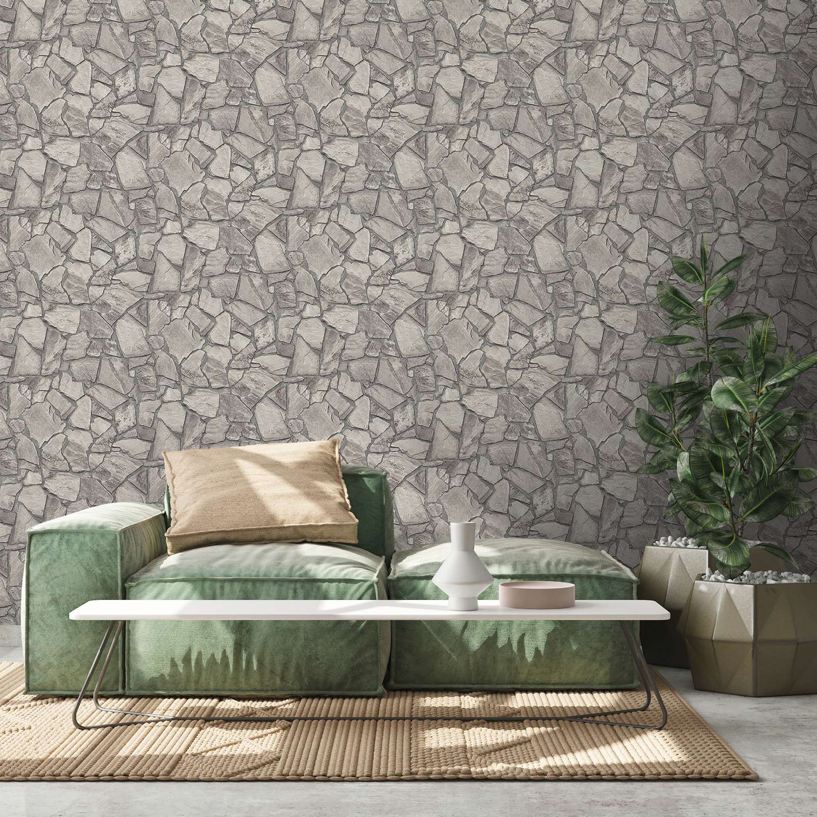             Nature stone masonry non-woven wallpaper 3D-optics - grey, Grey
        