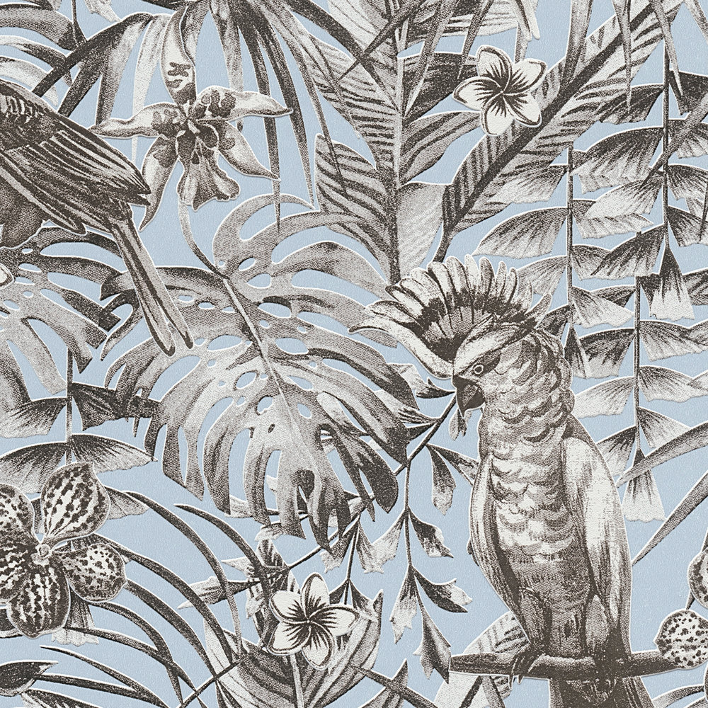             Papel pintado exótico pájaros, flores y hojas tropicales - gris, azul, blanco
        