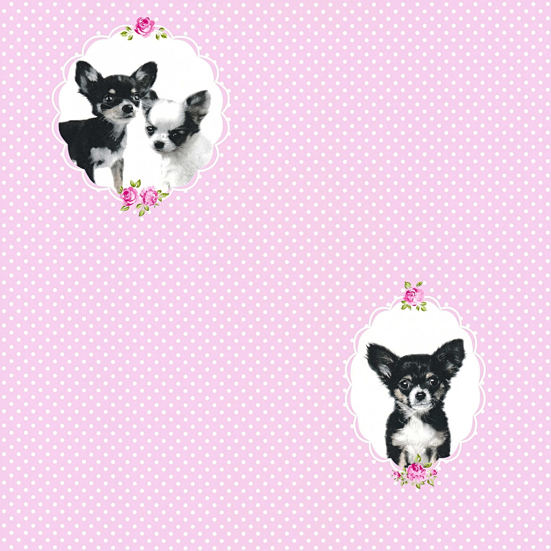 Carta da parati rosa a pois con ritratti di cani - Rosa
