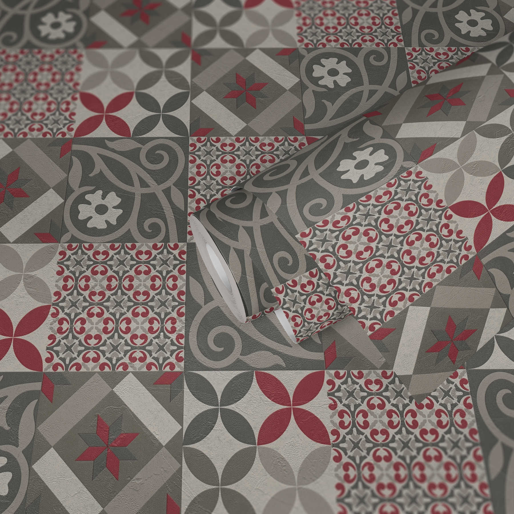             Wallpaper Decor tiles with floral pattern - black, red, anthracite
        