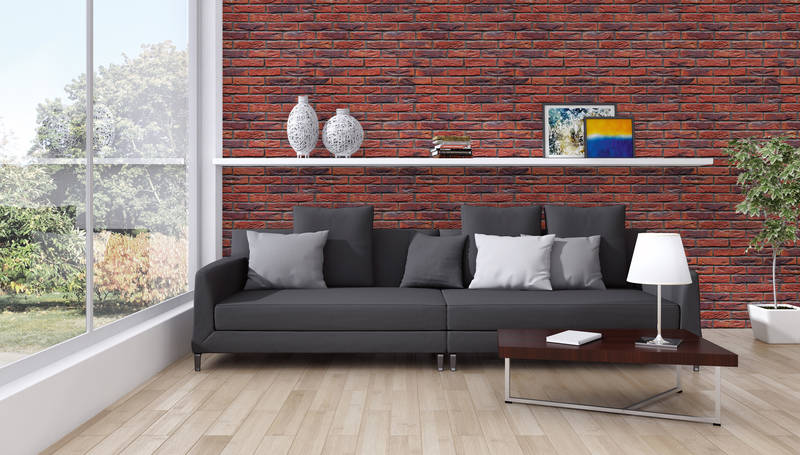             Red brick pattern mural with symmetrical design
        