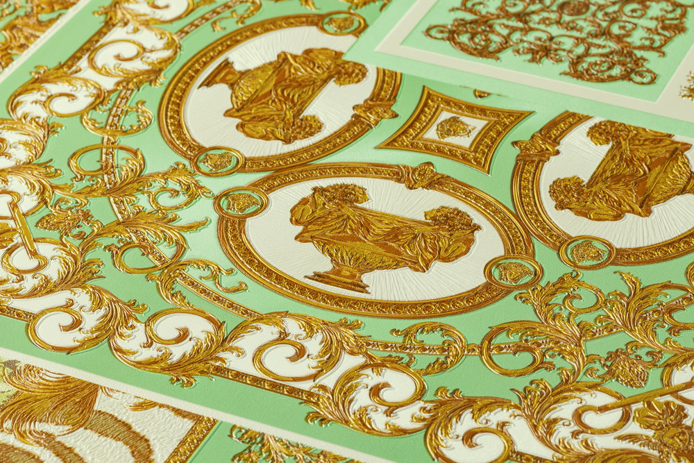             Papel pintado VERSACE Home detalles barrocos y estampado animal - oro, verde, marrón
        