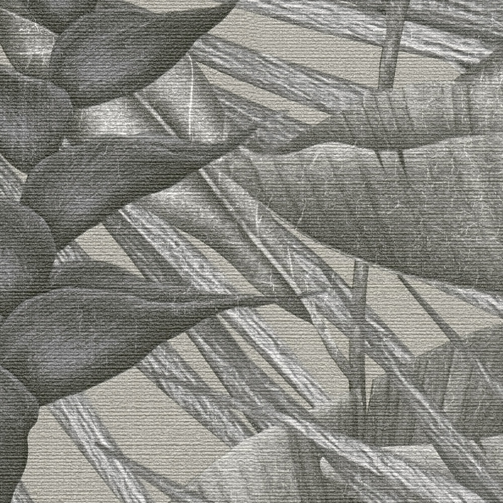             Carta da parati non tessuta con motivo a foglie in stile giungla - grigio, beige, nero
        