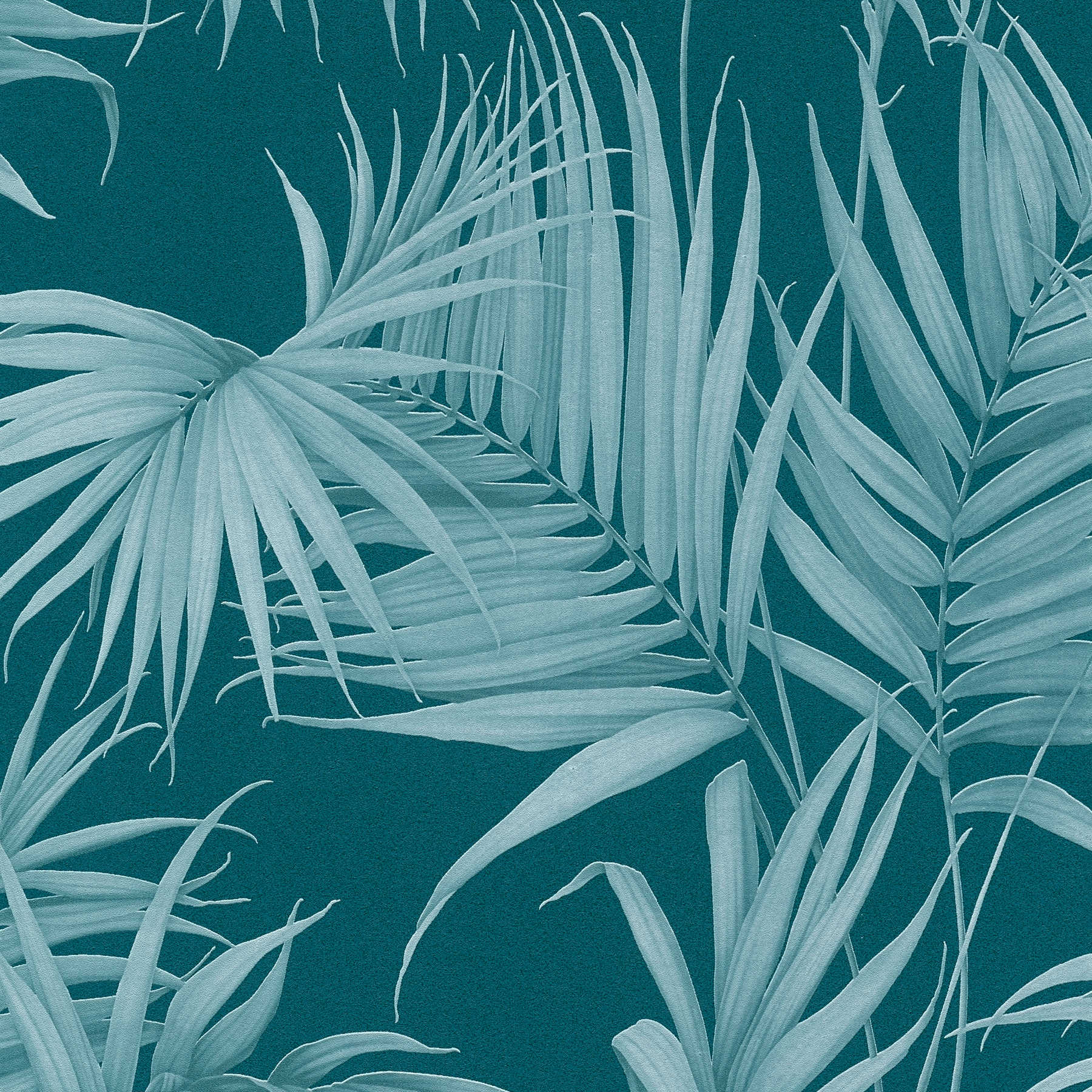 Papel pintado de hojas de palmera con motivo tono sobre tono en color petróleo - azul
