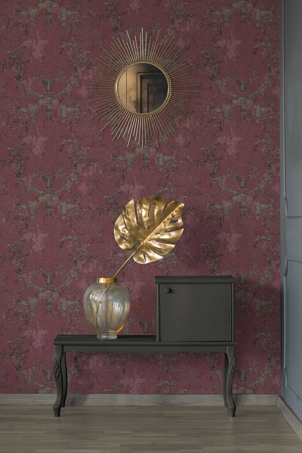             Behang met vintage ornamenten & used look - rood, goud
        