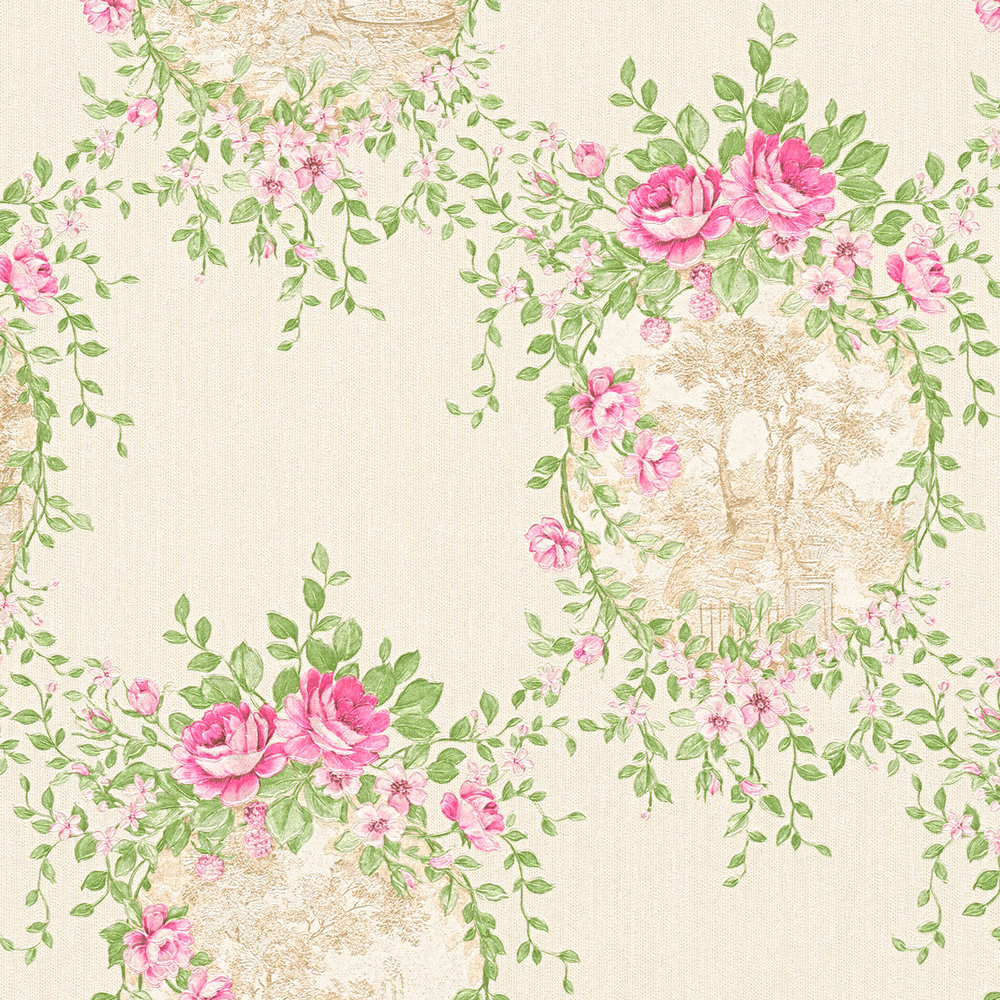             Vintage behangpapier landschap ornamenten & rozen - crème
        