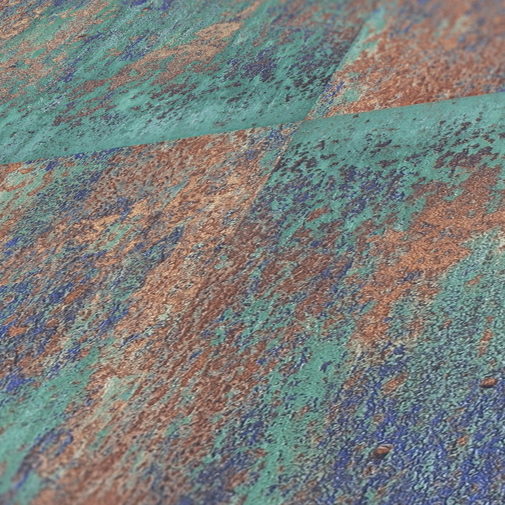             Papier peint adhésif | aspect rouille design métal rustique - bleu, marron
        