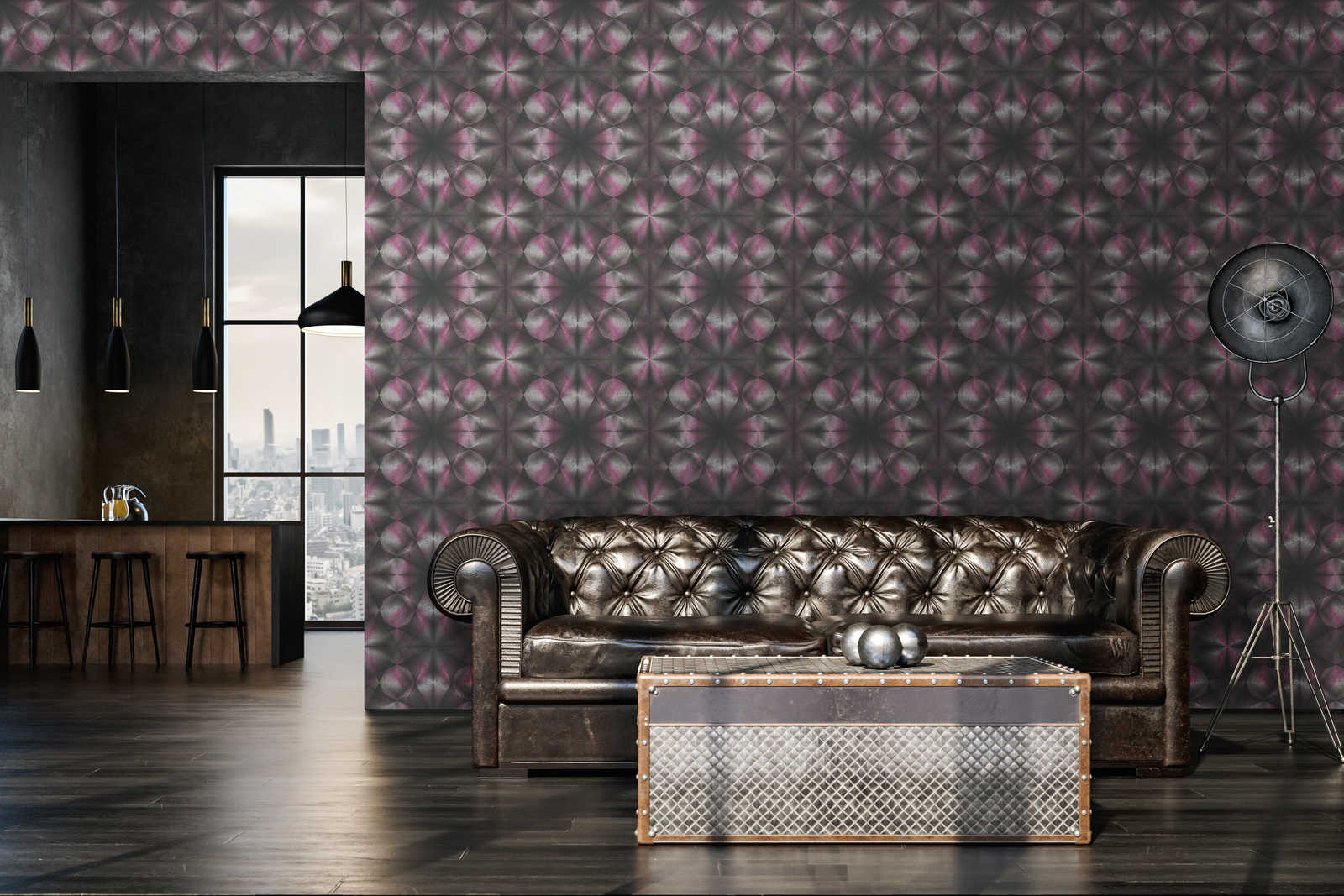             Design wallpaper with concrete look & graphic pattern - purple, grey, black
        