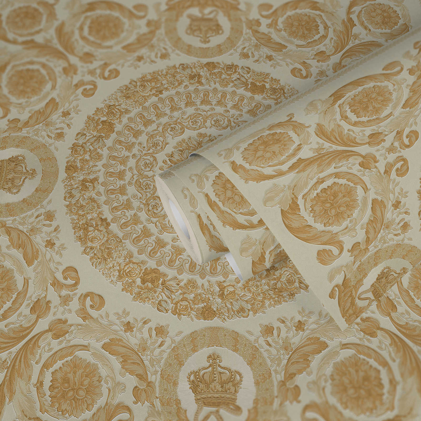             Papel pintado de lujo VERSACE Home Coronas y Rosas - Oro, Blanco, Crema
        