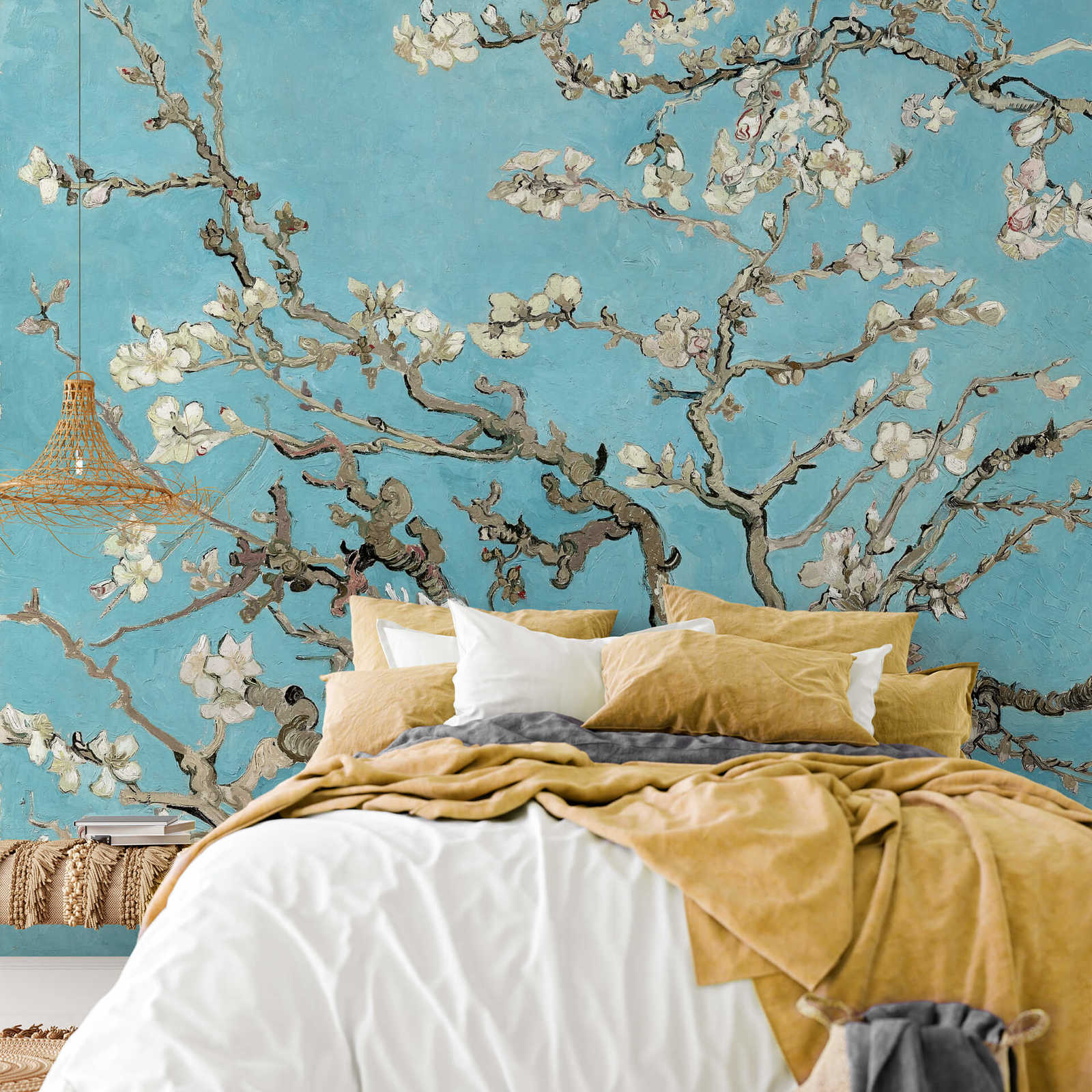             Papier peint panoramique Fleurs d'amandier - bleu, marron, blanc
        