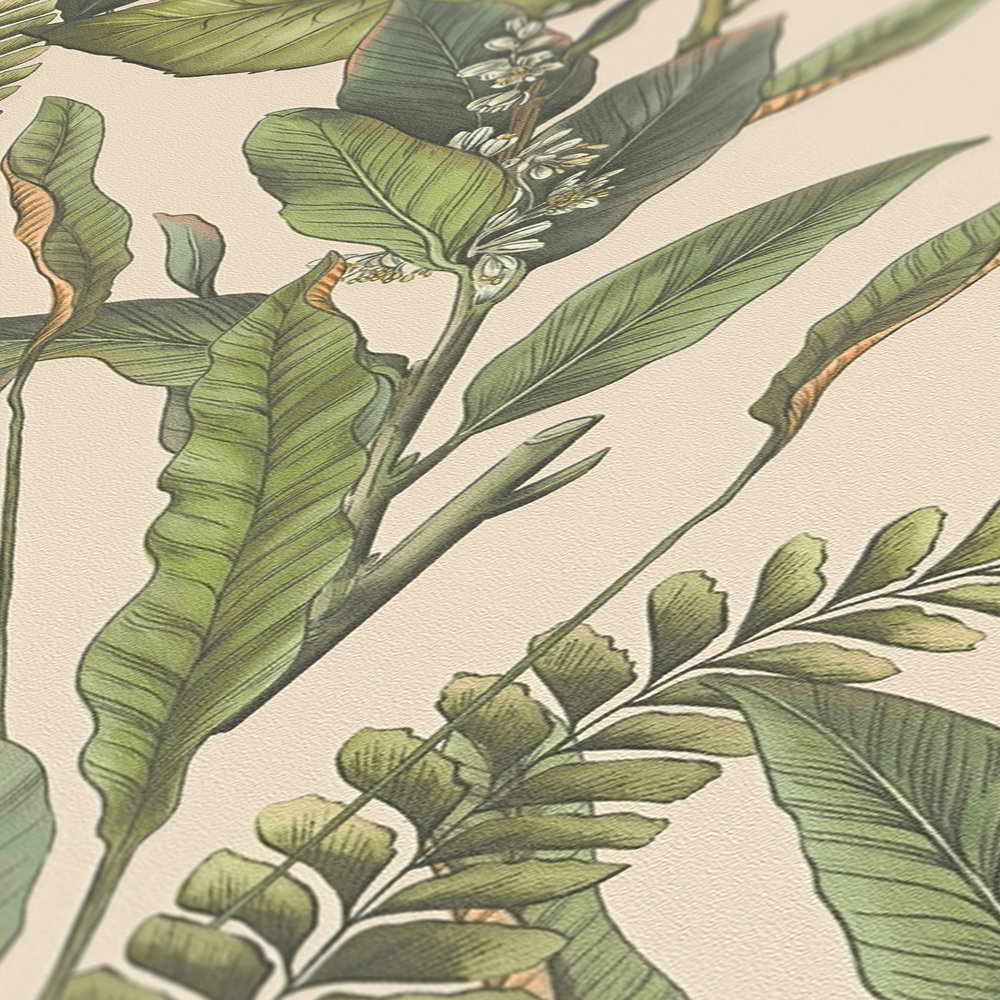             papier peint en papier jungle floral avec feuilles & fleurs structuré mat - crème, vert, orange
        