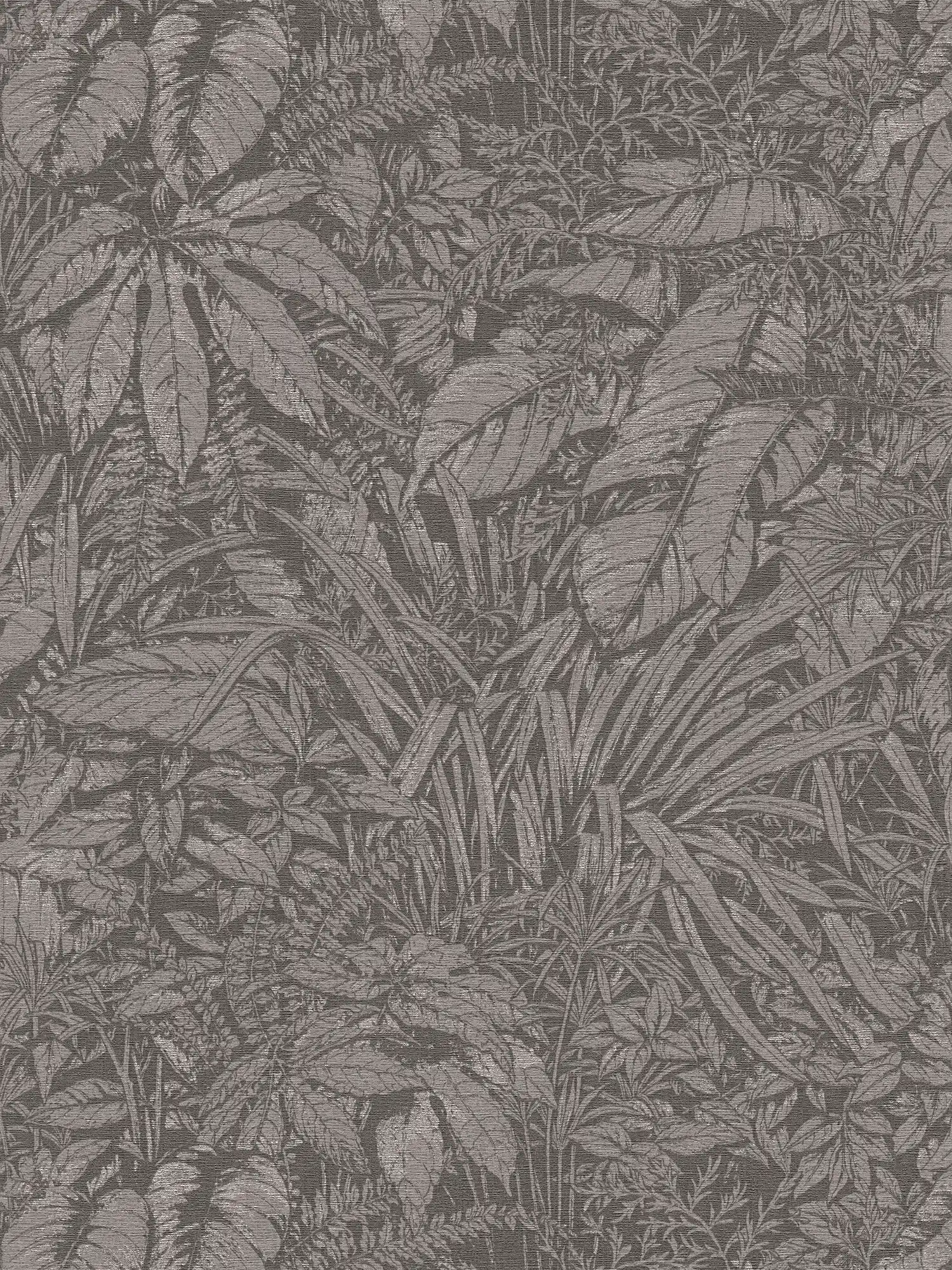 Non-woven wallpaper with floral leaf pattern - grey, black, silver
